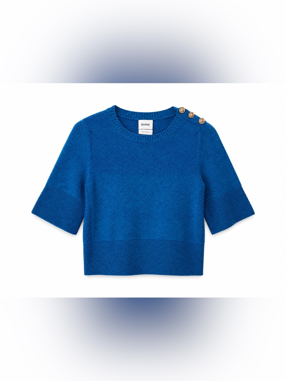 Barrie Scotland Blue Cashmere Knit Sweater‎ Gold Button Short Sleeve Top
